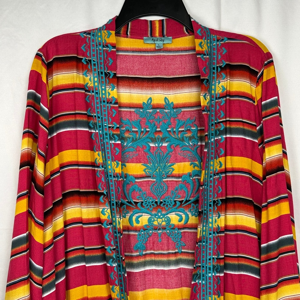 April Sky Southwestern Boho Embroidered Serape Stripe‎ Open Front Kimono Duster